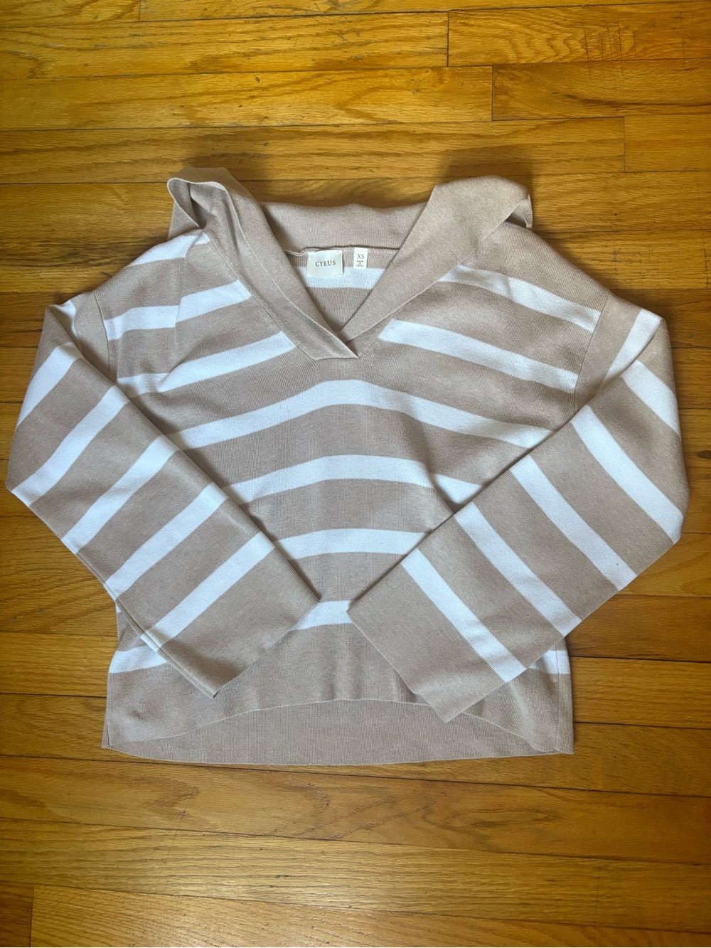 Cyrus Taupe & White Striped V-Neck Hoodie Top